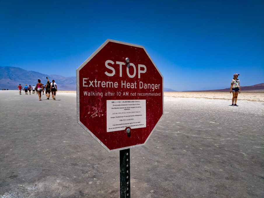 Heat warning sign at Badwater Basin in Death Valley National Park