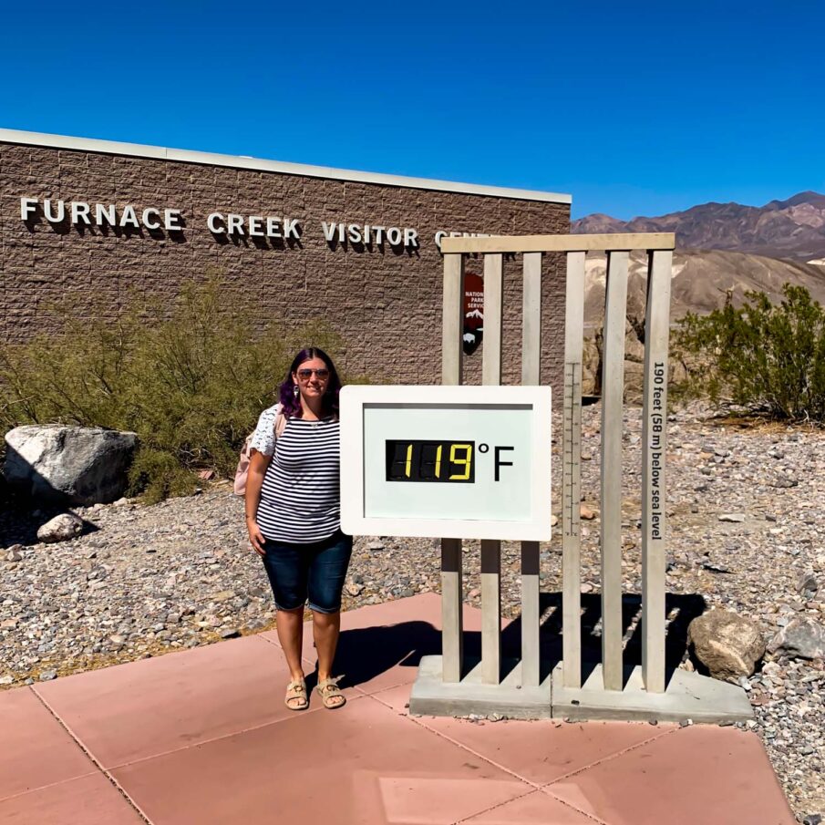 119°F is displayed on the thermometer at the Furnace Creek Visitor's Center in Death Valley National Park