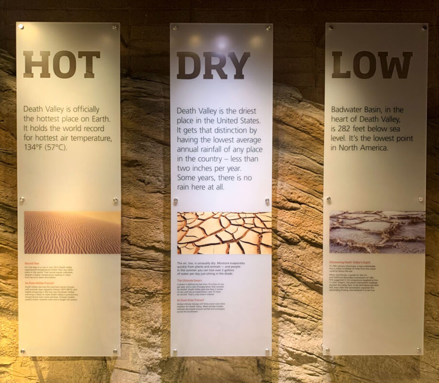 Display in the Furnace Creek Visitor's Center detailing how Death Valley is the hottest, driest and lowest place in the United States