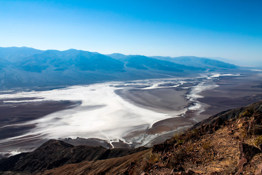 Sweeping vista of the salt flats of Death Valley National Park as seen from the top of Dante's View